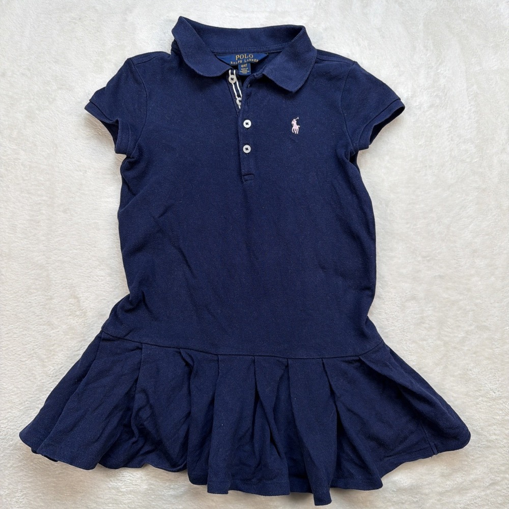 Polo Ralph Lauren Girls Polo Dress Navy Blue Ruffle Hem Uniform 4T Pony